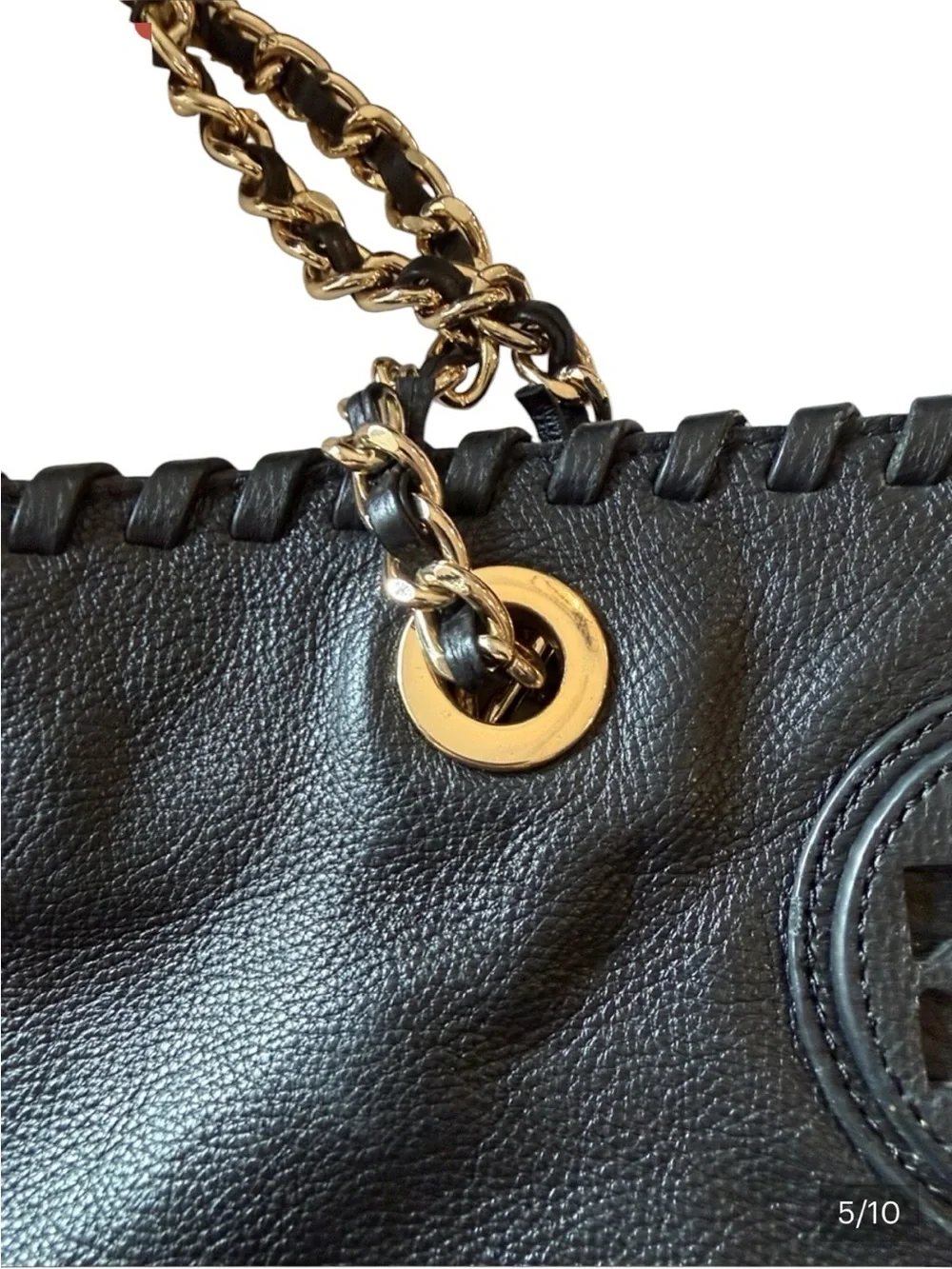 Tory Burch Black Leather Marion Chain-Handle Tote with Logo Medallion